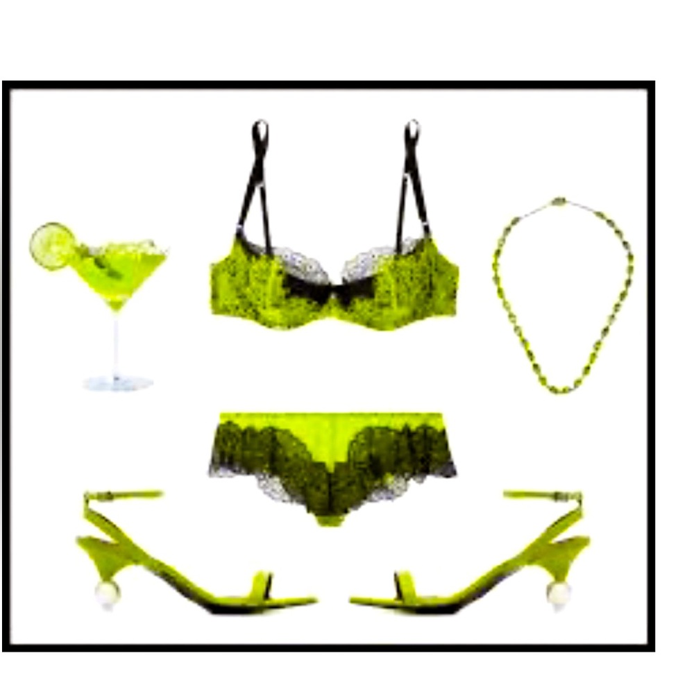 Kiki de Montparnasse stretch lace/silk electric green Bra & Panty set 34C/M NWT